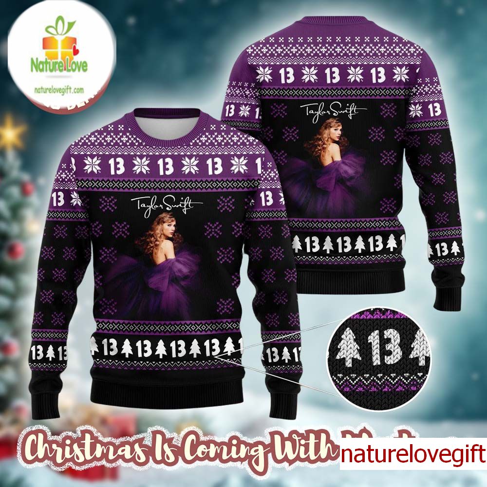 Taylor Swift 13 Purple Dress Knitted Ugly Christmas Sweater Taylor Swift 13 Purple Dress Knitted Ugly Christmas Sweater