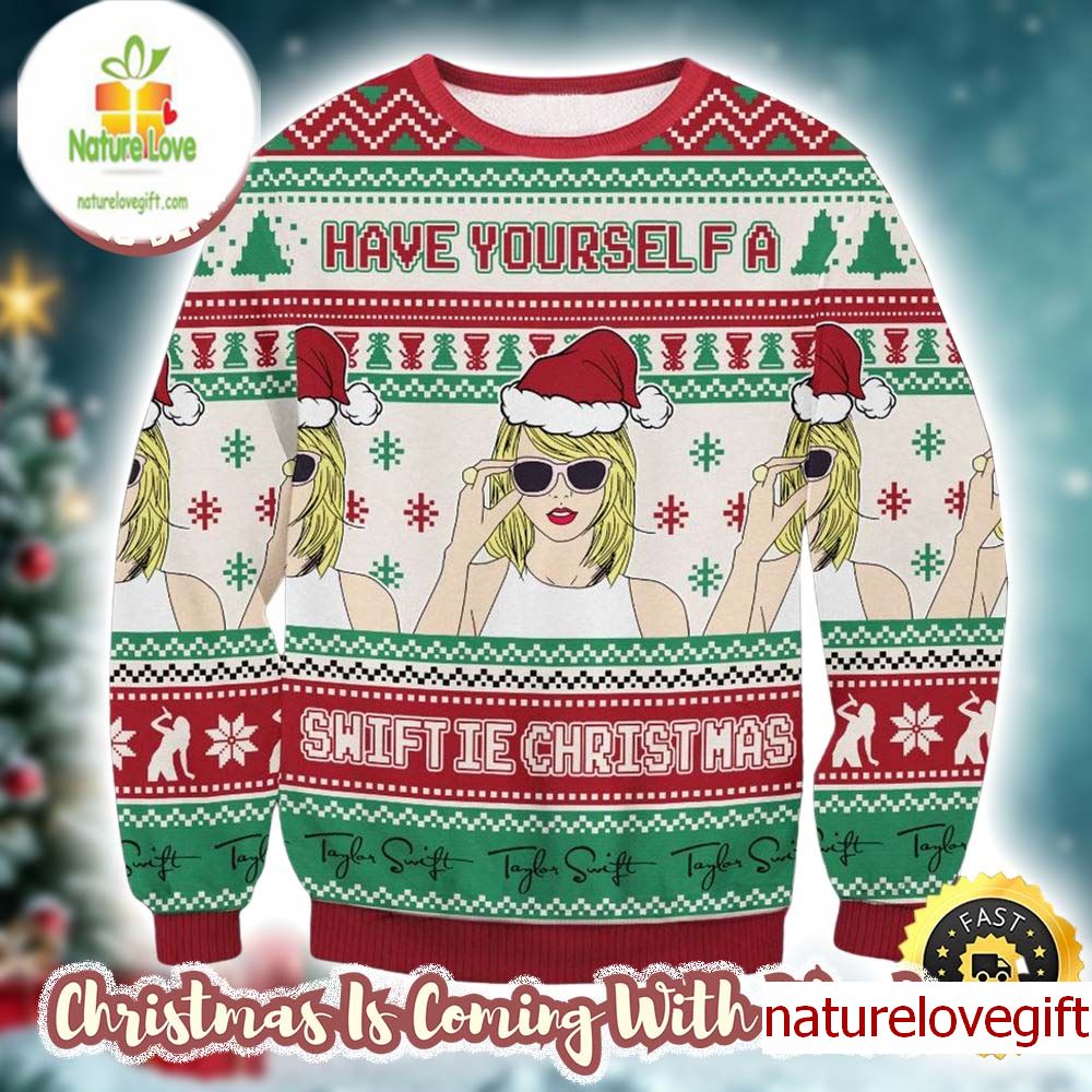 Taylor Swift Have Yourself A Swiftie Christmas Taylor With Santa Hat Retro Style Knitted Ugly Christmas Sweater Taylor Swift Have Yourself A Swiftie Christmas Taylor With Santa Hat Retro Style Knitted Ugly Christmas Sweater