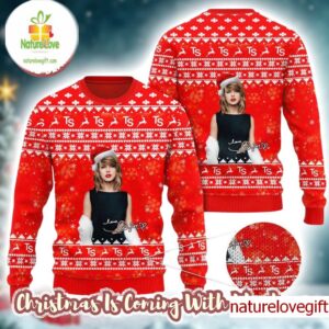 Taylor Swift With Santa Hat Signature Red Knitted Ugly Christmas Sweater