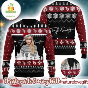 Taylor Swift With Santa Hat Signature Snowflakes Pattern Black And Maroon Ugly Christmas Sweater