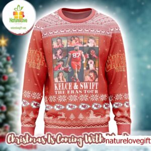 Taylor Swift With Travis Kelce the Kansas City Chiefs x The Eras Tour Knitted Red Ugly Christmas Sweater