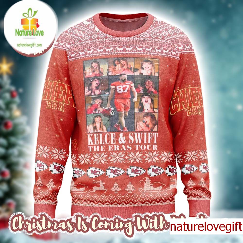 Taylor Swift With Travis Kelce the Kansas City Chiefs x The Eras Tour Knitted Red Ugly Christmas Sweater Taylor Swift With Travis Kelce the Kansas City Chiefs x The Eras Tour Knitted Red Ugly Christmas Sweater