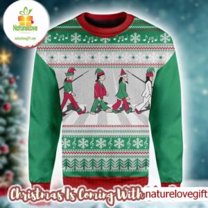 The Beatles Abbey Road Band Member As Elf Green And Red Knitted Ugly Christmas Sweater