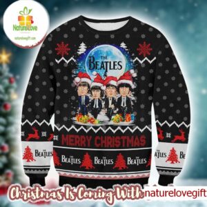 The Beatles Band Funny Members With Santa Hats Under The Moon Merry Christmas Ugly Sweater