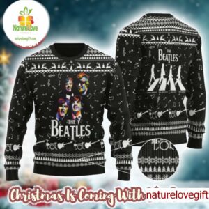 The Beatles Band Graphic With Music Notes Pattern Black Ugly Christmas Sweater