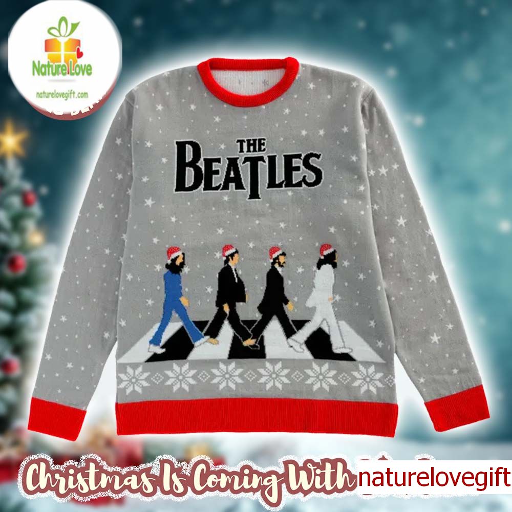 The Beatles Iconic Abbey Road Band Members With Santa Hats Snowy Street Grey Ugly Christmas Sweater The Beatles Iconic Abbey Road Band Members With Santa Hats Snowy Street Grey Ugly Christmas Sweater