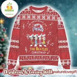 The Beatles I’m Dreaming Of The Beatles Chrismas Music Notes Peanuts Style Red Ugly Christmas Sweater