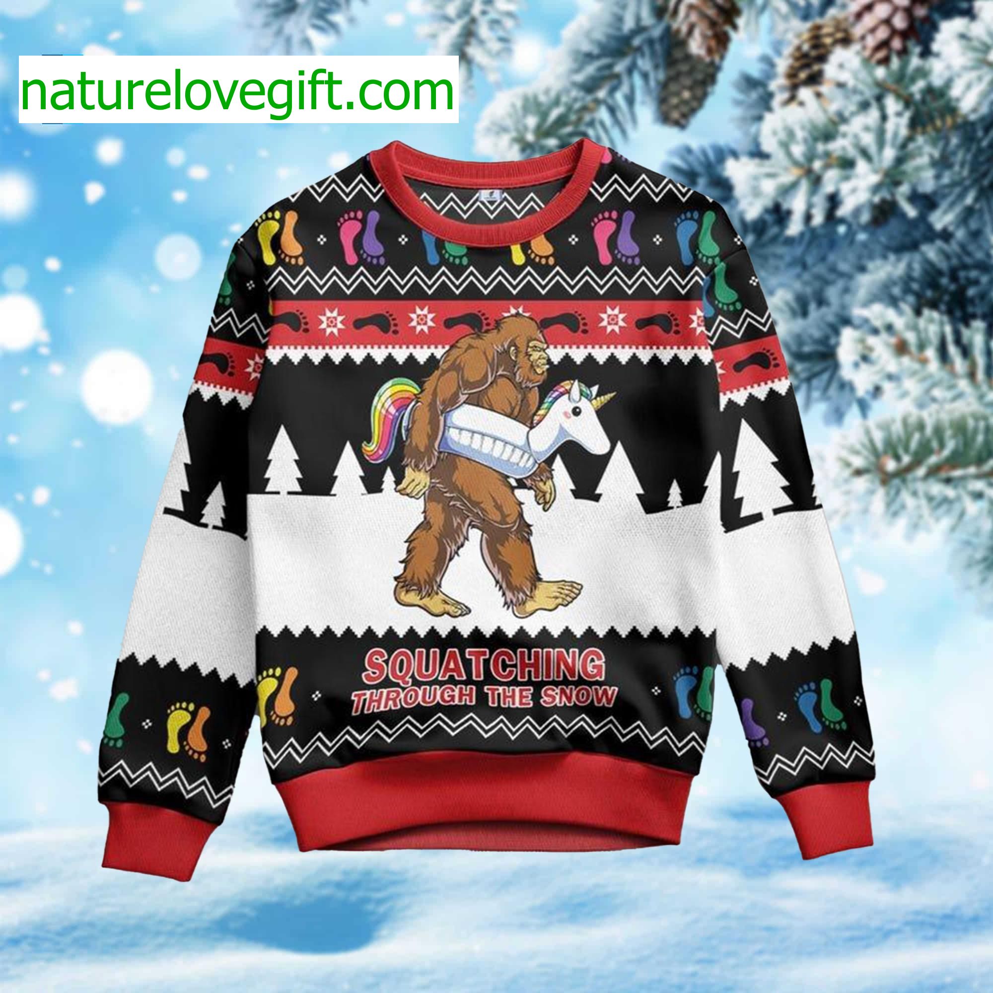 Bigfoot Squatching Through The Snow Ugly Christmas Sweater Bigfoot Squatching Through The Snow Ugly Christmas Sweater