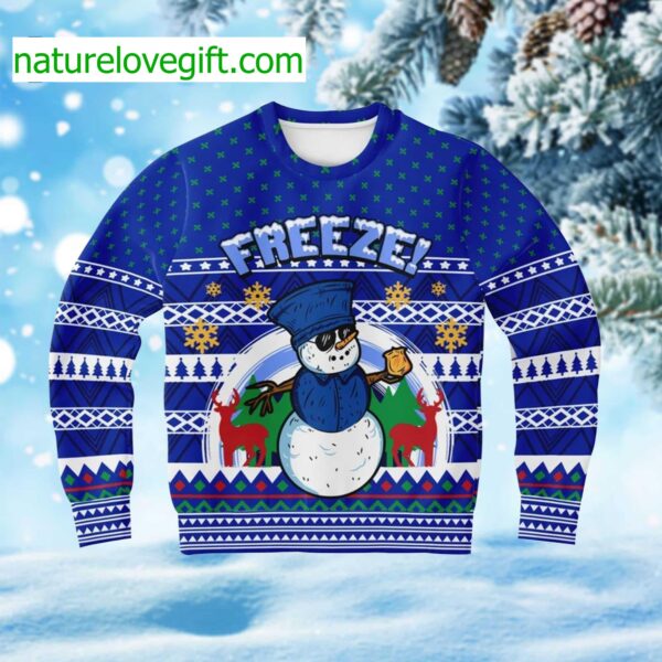 Blue Police Freeze Snow Funny Tacky Winter Ugly Christmas Sweater