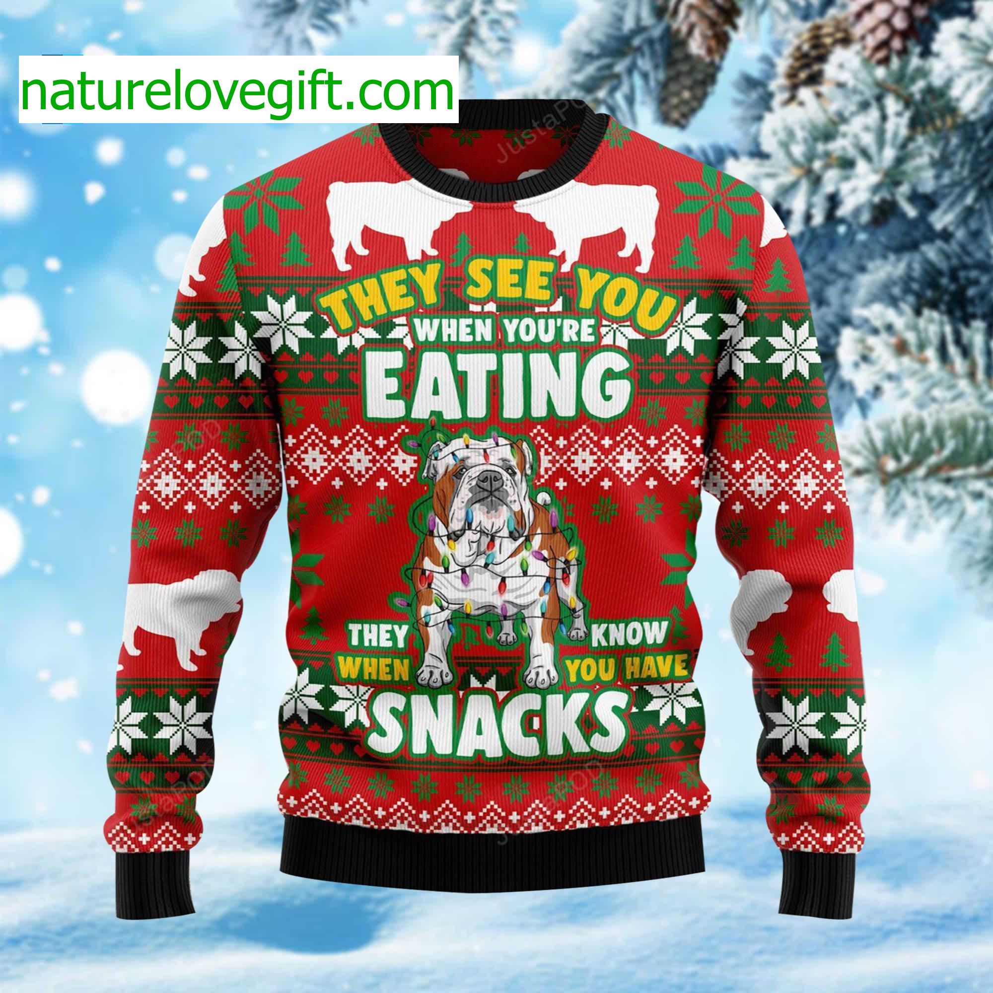 Bulldog They See You When You're Eating Snacks Ugly Christmas Sweater Bulldog They See You When You're Eating Snacks Ugly Christmas Sweater
