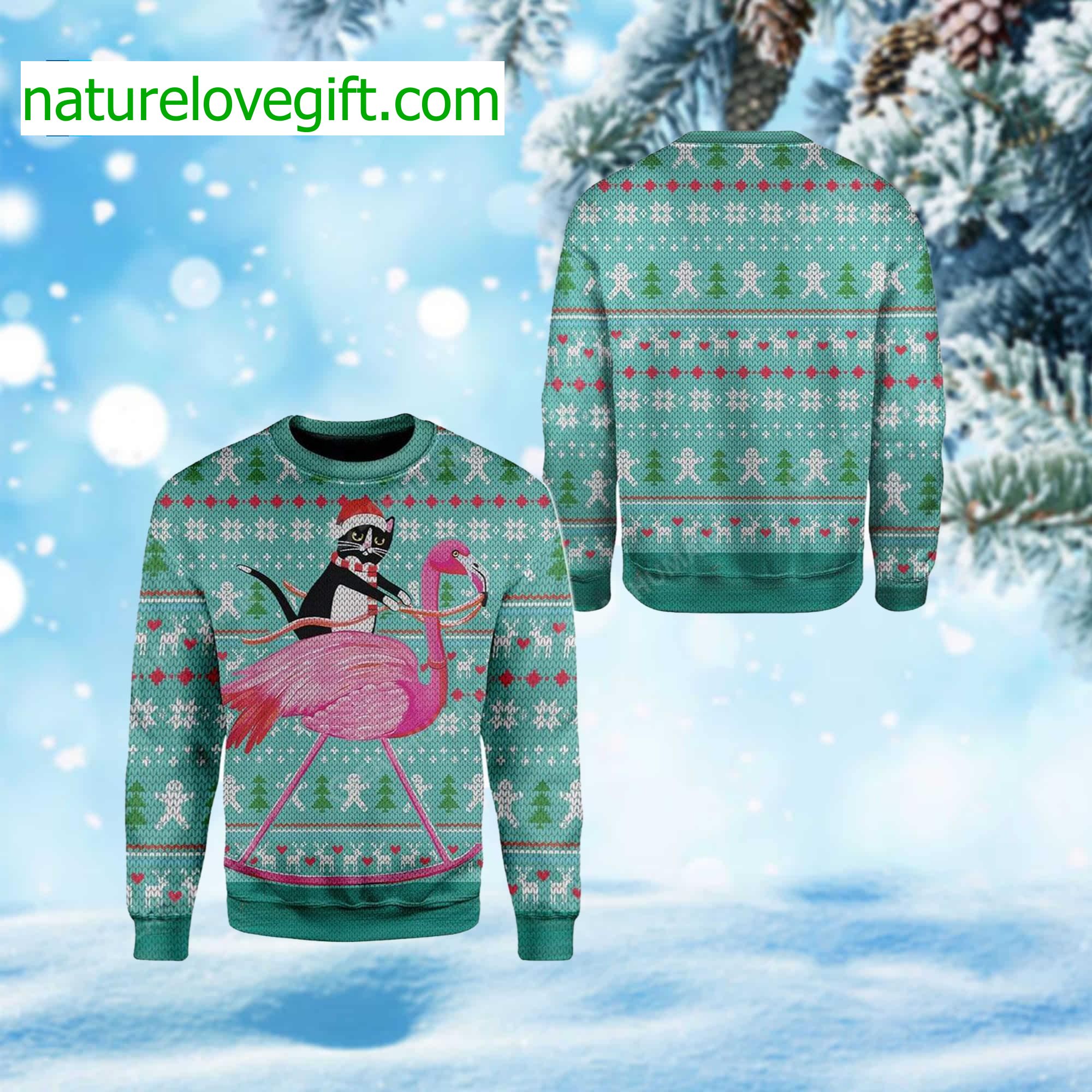 Cat And Flamingo Ugly Christmas Sweater Cat And Flamingo Ugly Christmas Sweater