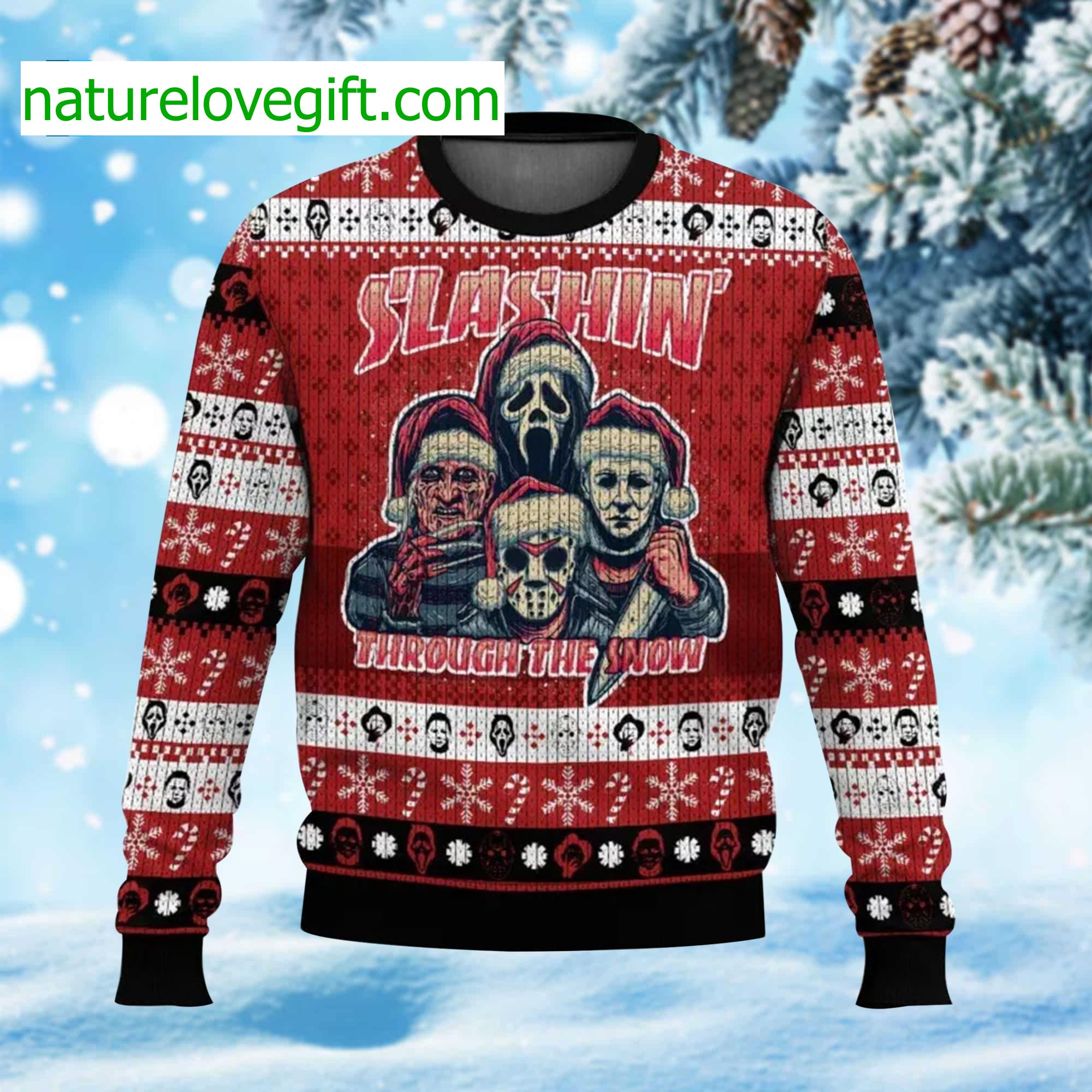 Horror Characters Slashing Through The Snow Ugly Christmas Sweater Horror Characters Slashing Through The Snow Ugly Christmas Sweater