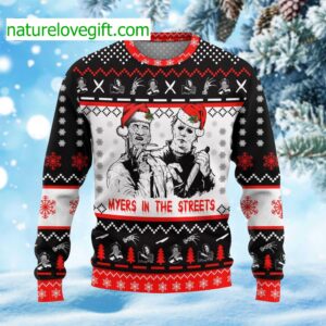 Michael Myers And Freddy Krueger Myers In The Street Ugly Christmas Sweater