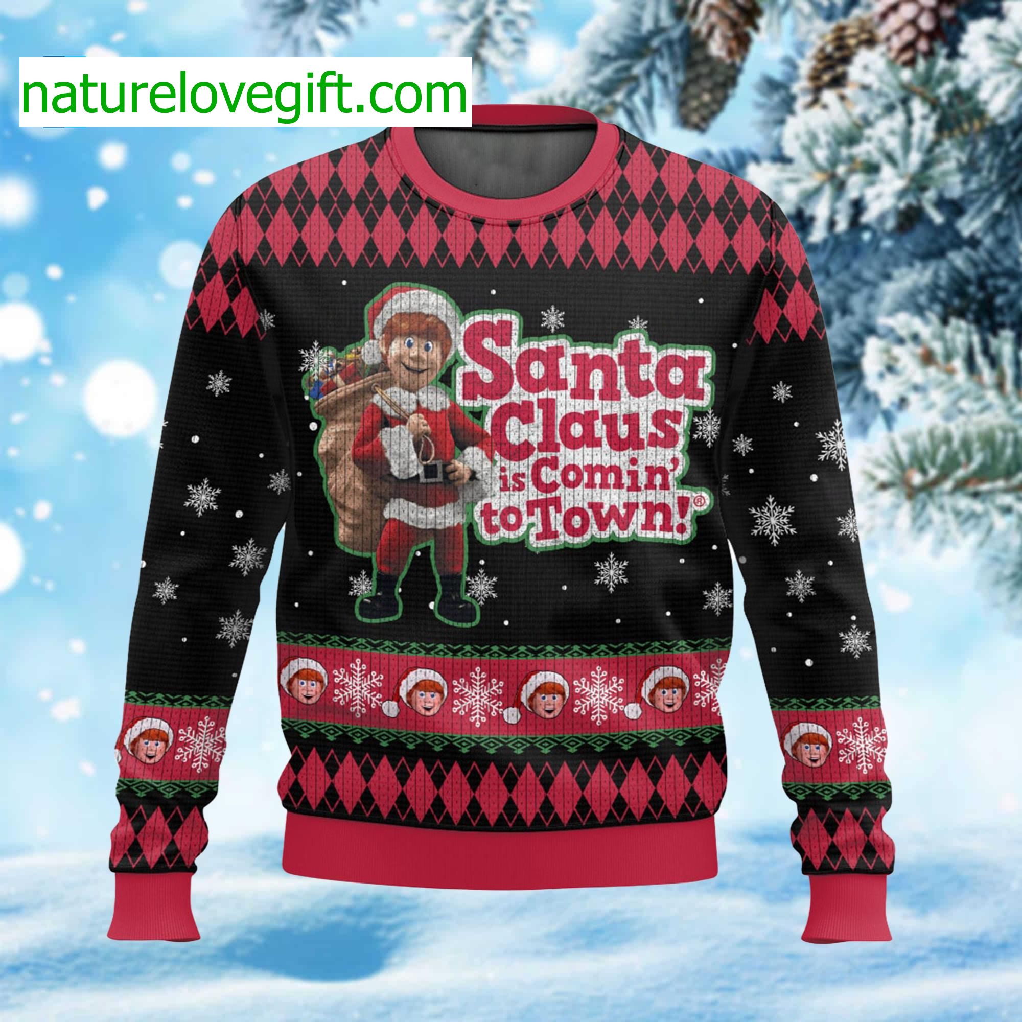 Santa Claus Is Comin’ To Town Ugly Christmas Sweater Santa Claus Is Comin’ To Town Ugly Christmas Sweater