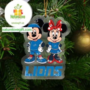Detroit Lions Mickey And Minnie Rugby NFL Arcylic Christmas Tree Decor Ornament