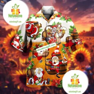 Christmas Beer With Santa Claus And Reindeer Yellow Hawaiian Outfit For Men 2