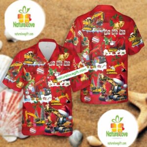 Christmas Excavator Santa Claus And Snowman Red Cotton Hawaiian Shirts 2