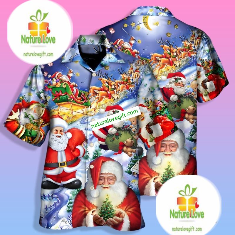 Christmas Funny Santa Claus Blue Tropical Print Shirts Christmas Funny Santa Claus Blue Tropical Print Shirts