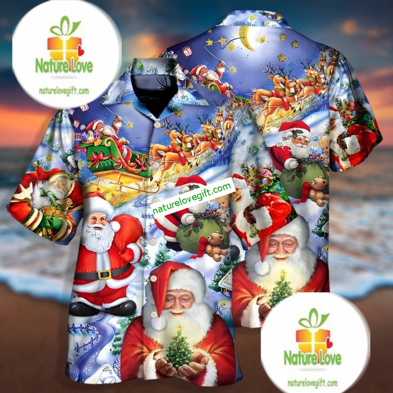 Christmas Funny Santa Claus Blue Tropical Print Shirts Christmas Funny Santa Claus Blue Tropical Print Shirts