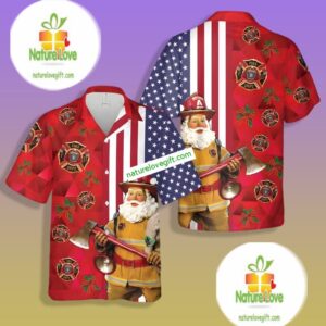 Christmas Gift Firefighter Santa Claus Red Vintage Aloha Shirts 1