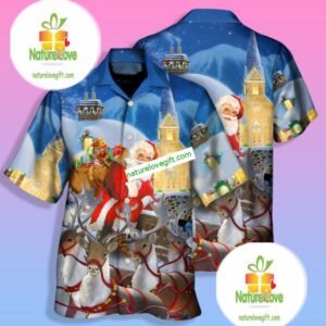 Christmas Gift Santa Claus And Reindeers Blue Vintage Aloha Shirts