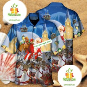 Christmas Gift Santa Claus And Reindeers Blue Vintage Aloha Shirts 1 Christmas Gift Santa Claus And Reindeers Blue Vintage Aloha Shirts 2
