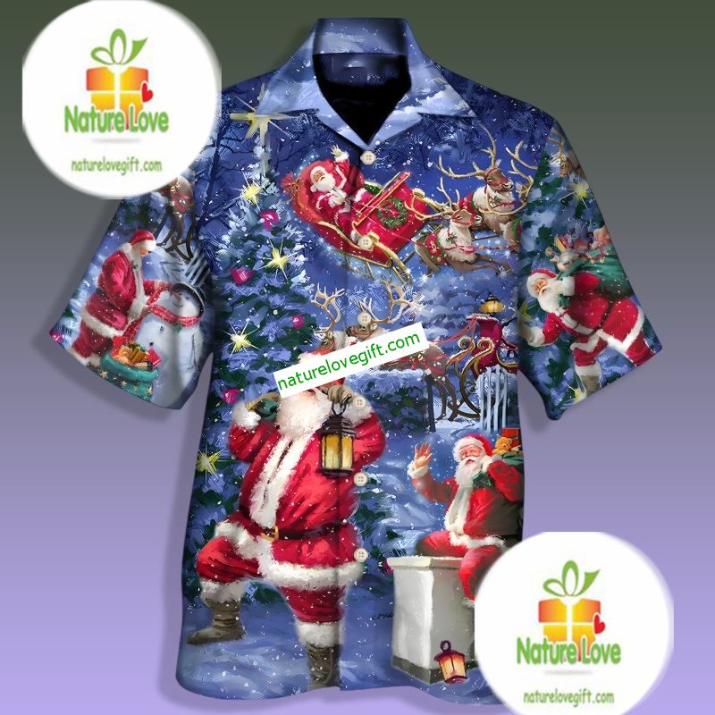 Christmas Gift Santa Claus Drawing Blue Slim Fit Hawaiian Shirt Christmas Gift Santa Claus Drawing Blue Slim Fit Hawaiian Shirt