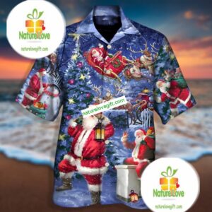 Christmas Gift Santa Claus Drawing Blue Slim Fit Hawaiian Shirt 1 Christmas Gift Santa Claus Drawing Blue Slim Fit Hawaiian Shirt 2