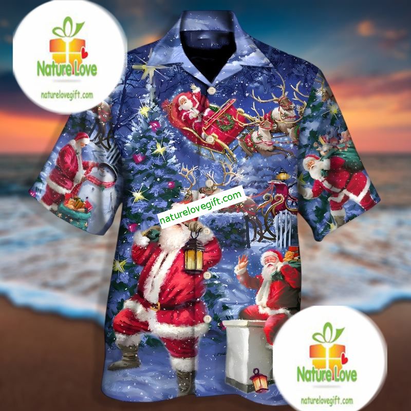 Christmas Gift Santa Claus Drawing Blue Slim Fit Hawaiian Shirt Christmas Gift Santa Claus Drawing Blue Slim Fit Hawaiian Shirt