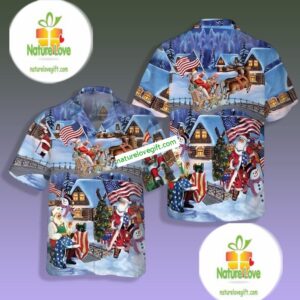 Christmas Holiday Santa Claus Wiht America Flag Blue Tactical Hawaiian Shirt 1