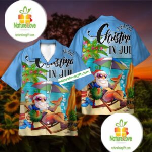 Christmas In July Santa Claus Beach Blue Hawaiian Shirt Outfit 2