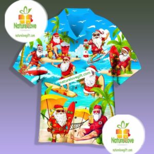 Christmas In July Surfing Santa Claus Summer Blue Hawaiian Golf Shirts 1