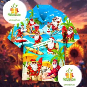 Christmas In July Surfing Santa Claus Summer Blue Hawaiian Golf Shirts 2