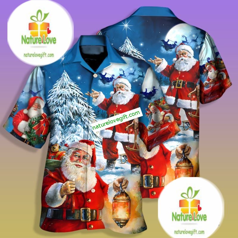 Christmas Night And Santa Claus Blue Plus Size Hawaiian Shirt Christmas Night And Santa Claus Blue Plus Size Hawaiian Shirt