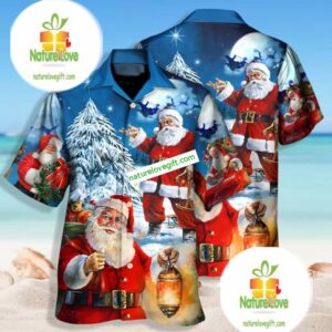 Christmas Night And Santa Claus Blue Plus Size Hawaiian Shirt 1 Christmas Night And Santa Claus Blue Plus Size Hawaiian Shirt 2