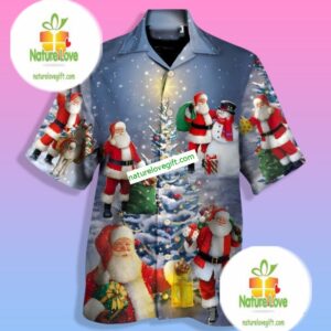 Christmas Night Santa Claus With Snowman Blue Family Hawaiian Shirts