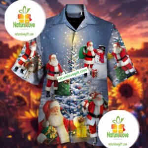 Christmas Night Santa Claus With Snowman Blue Family Hawaiian Shirts 2