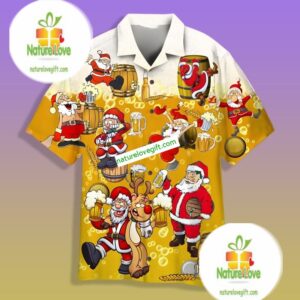 Christmas Party Santa Claus Drink Beer Yellow Printed Hawaiian Shirts 1