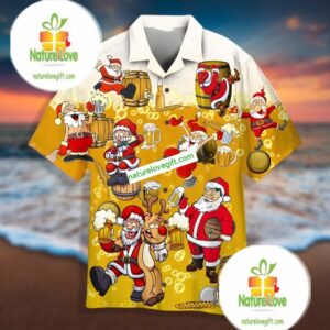 Christmas Party Santa Claus Drink Beer Yellow Printed Hawaiian Shirts 2