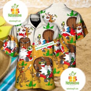 Christmas Reindeer Santa Claus Drink Wine Yellow Soft Hawaiian Shirts 2