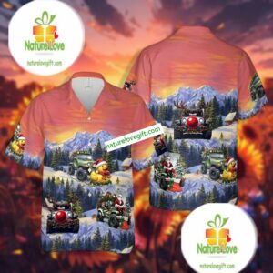 Christmas Santa Claus And Duck Red Hawaiian Button Up Shirt 2