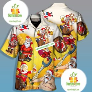 Christmas Santa Claus Champagne Yellow Hawaiian Gun Shirts