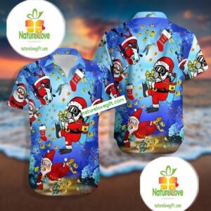 Christmas Santa Claus Diver In Ocean Blue Retro Hawaiian Shirts 2