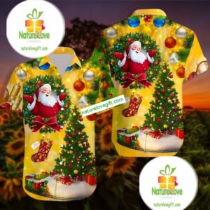 Christmas Wreath Bell Santa Claus Xmas Tree Yellow Hawaiian Shirt Print 2