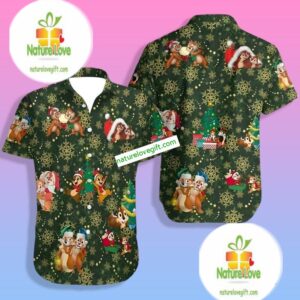 Funny Chipn Dale Snowflakes Christmas Green Aloha Shirt Womens 1