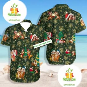 Funny Chipn Dale Snowflakes Christmas Green Aloha Shirt Womens 2