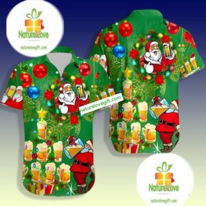 Funny Christmas Santa Drinking Beer Green Best Hawaiian Shirts