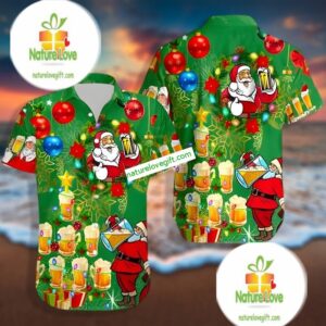Funny Christmas Santa Drinking Beer Green Best Hawaiian Shirts 2