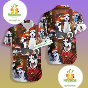 Funny Husky Dog With Santa Claus Hat Red Hawaiian Shirt Outfit