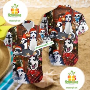 Funny Husky Dog With Santa Claus Hat Red Hawaiian Shirt Outfit 2